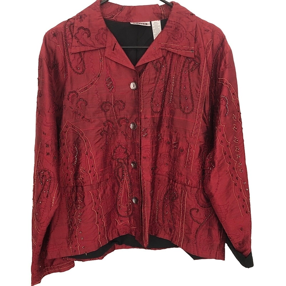 CHICO'S Vintage Red SILK JACKET Beaded Old Money Statement 2 12 L Artsy Party